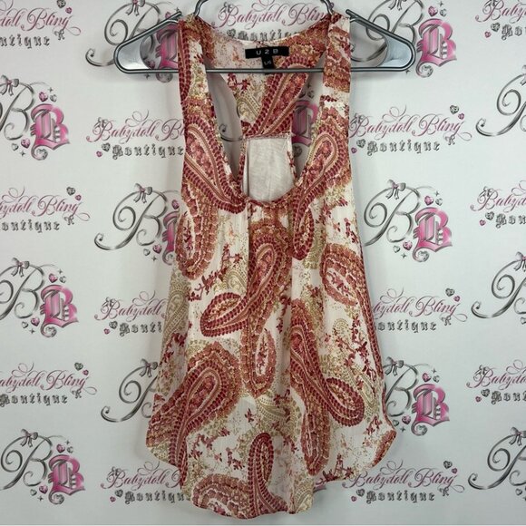 U2B tank top racer back floral Paisley Print Sleeveless Top red cream white - Picture 1 of 9
